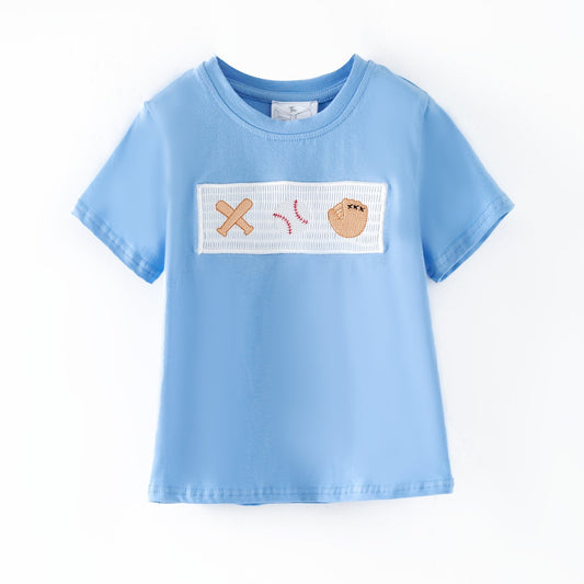 Boys light blue baseball smocked t-shirt with embroidered bat, baseball, and glove, boutique baseball outfit top for boys - Alternative view
