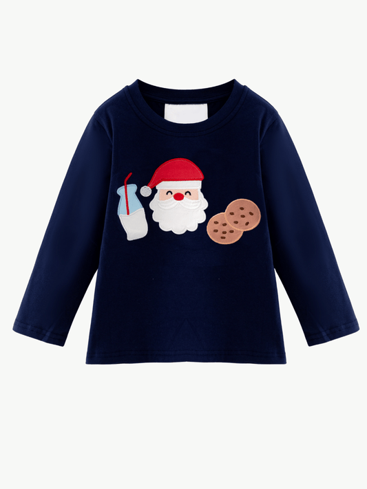 Boys navy Christmas shirt with Santa, milk and cookies applique