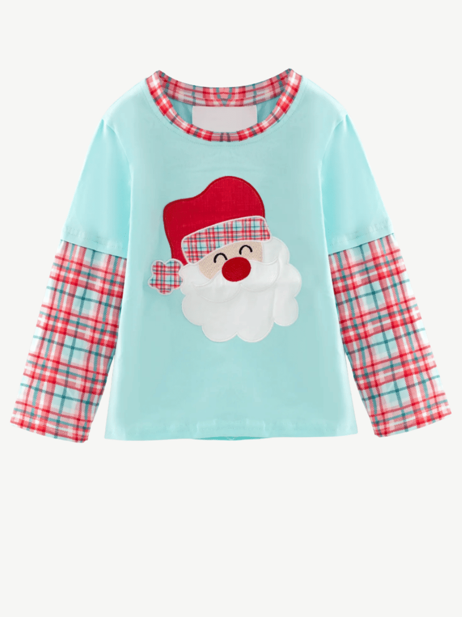 Boys aqua Santa shirt with plaid sleeves