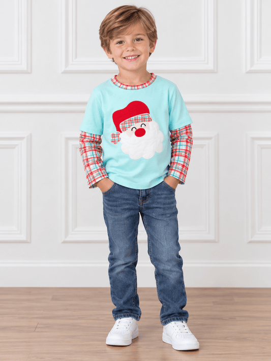 Boys aqua Christmas shirt with Santa applique and plaid layered sleeves