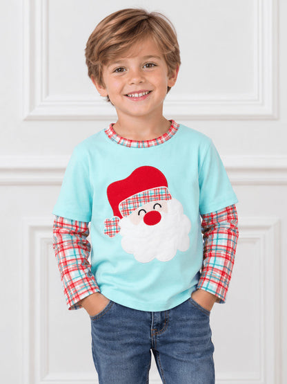 Boys aqua long sleeve Christmas shirt with a Santa appliqué and plaid layered sleeves