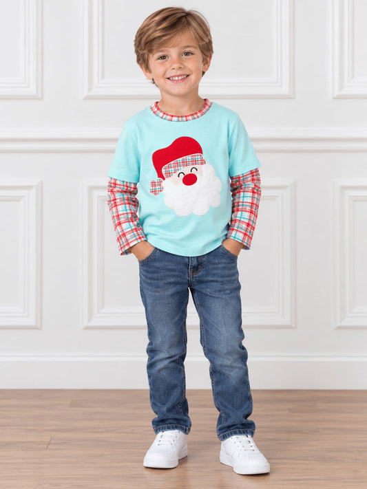 Boys aqua long sleeve Christmas shirt with a Santa appliqué and plaid layered sleeves