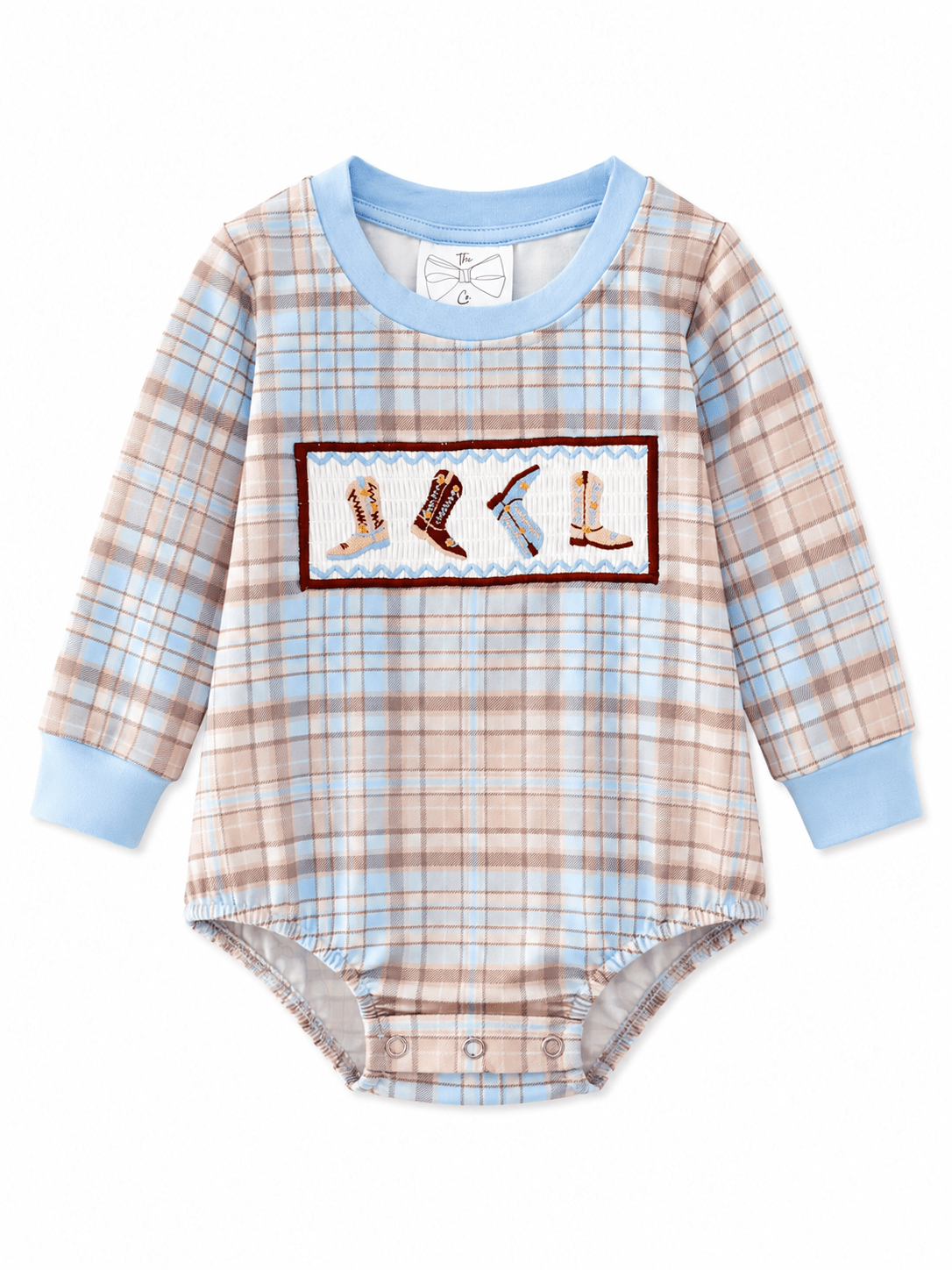 Boys Smocked Western Cowboy Boots Plaid Infant Romper with Long Sleeves, Blue Trim and Embroidered Boot Detail