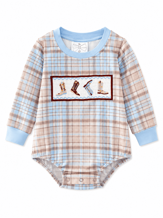 Boys Smocked Western Cowboy Boots Plaid Infant Romper with Long Sleeves, Blue Trim and Embroidered Boot Detail