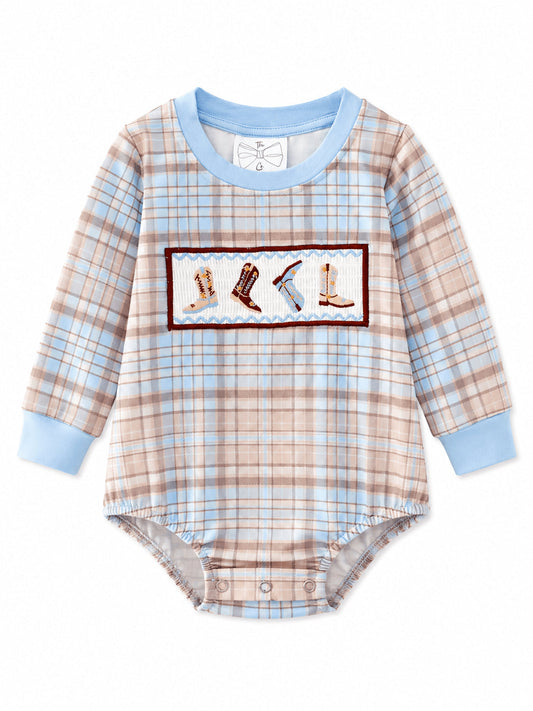 Boys plaid romper with smocked cowboy boots and blue trim