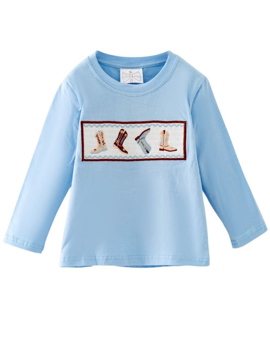Boys Smocked Cowboy Boots Long Sleeve Shirt in Blue with Embroidered Western Boots