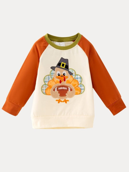 Boys Thanksgiving raglan shirt with turkey football appliqué and orange sleeves - Alternative view
