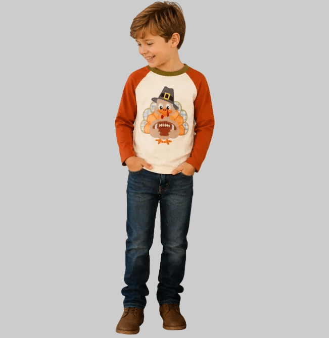 Boys turkey football raglan shirt with orange sleeves