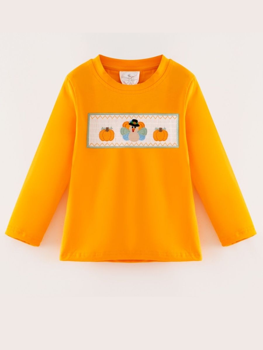 Boys orange long sleeve Thanksgiving shirt with smocked turkey and pumpkin design