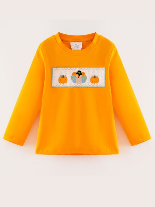 Boys orange long sleeve Thanksgiving shirt with smocked turkey and pumpkin design