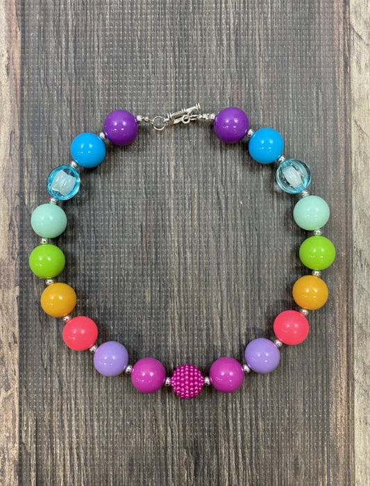 Chunky bead necklace in bright rainbow colors with heart clasp. Approximately 17". - Alternative view