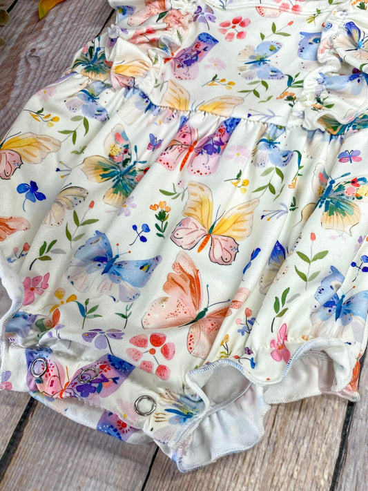 butterfly fabric and snap detail on baby romper - Alternative view