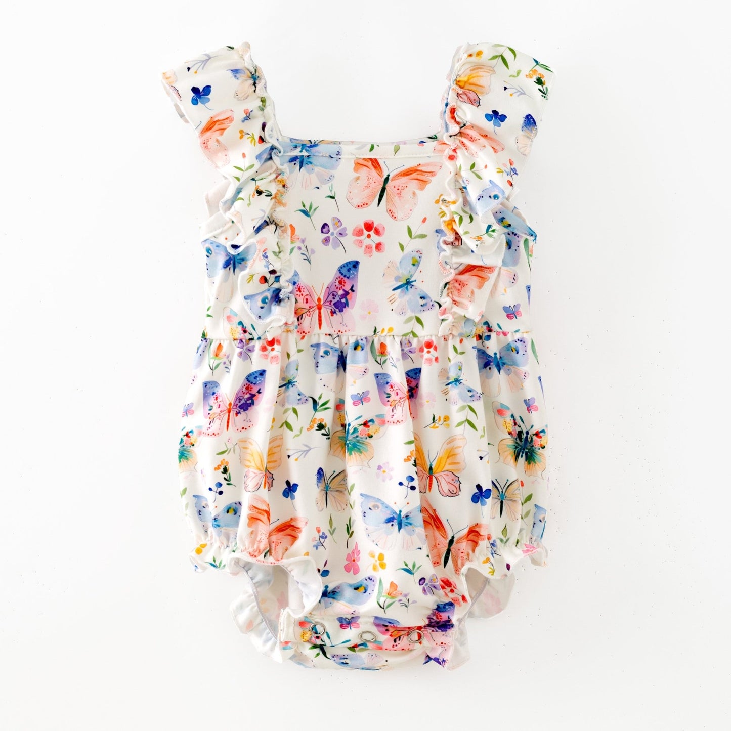 Floral baby romper with butterfly design on a white background