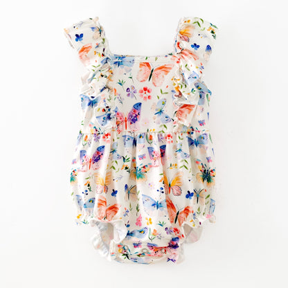 Floral baby romper with butterfly design on a white background