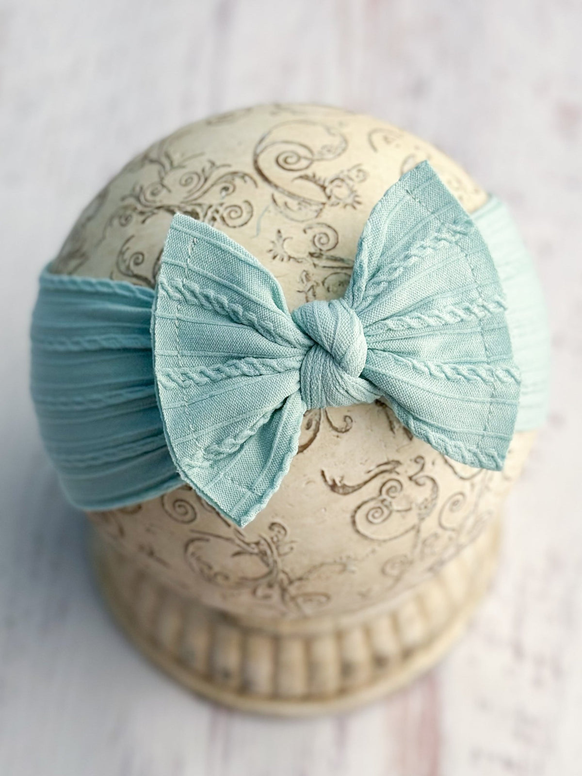 Mint cable knit bow headband