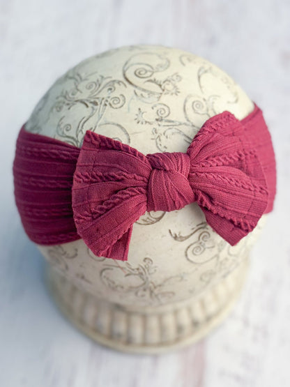 Plum cable knit bow headband