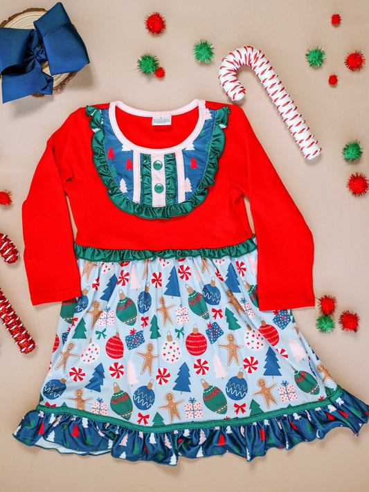 Children's Christmas-themed dress with ruffled layers on a beige background - Alternative view