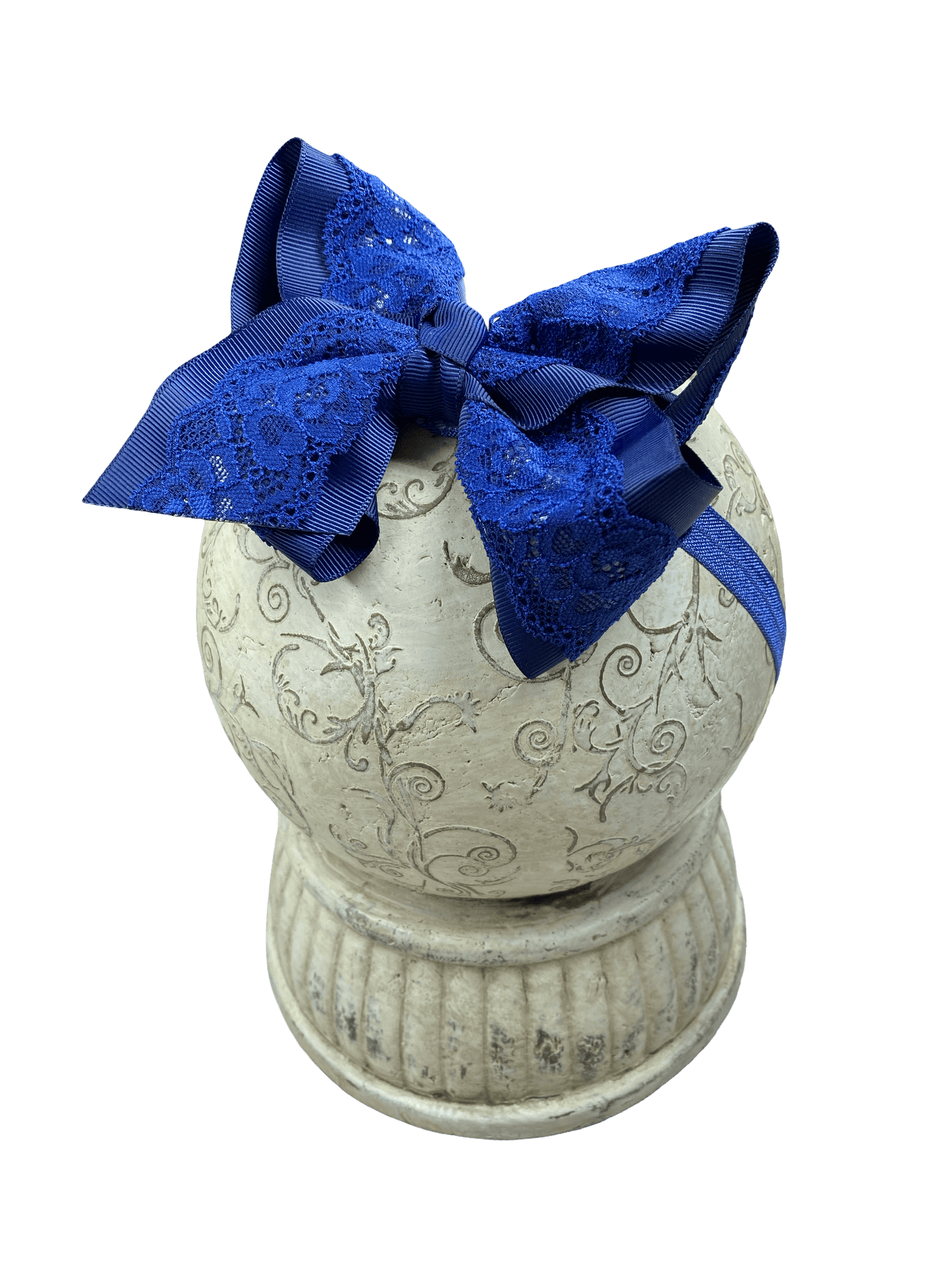 Navy Chantilly lace bow headband for baby girls with soft nylon band