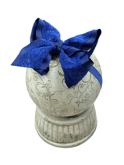 Navy Chantilly lace bow headband for baby girls with soft nylon band