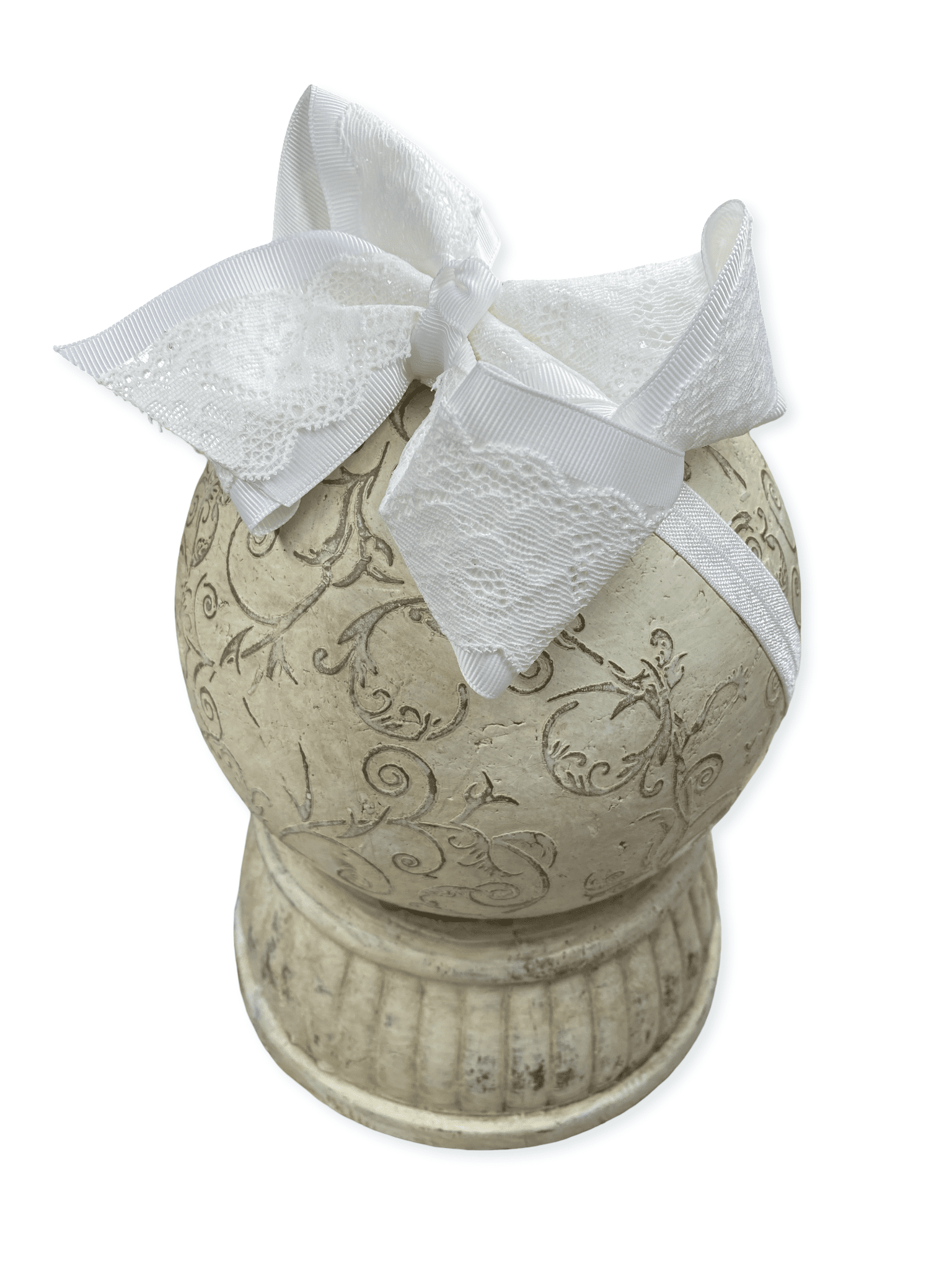 White Chantilly lace bow headband for baby girls with soft nylon band