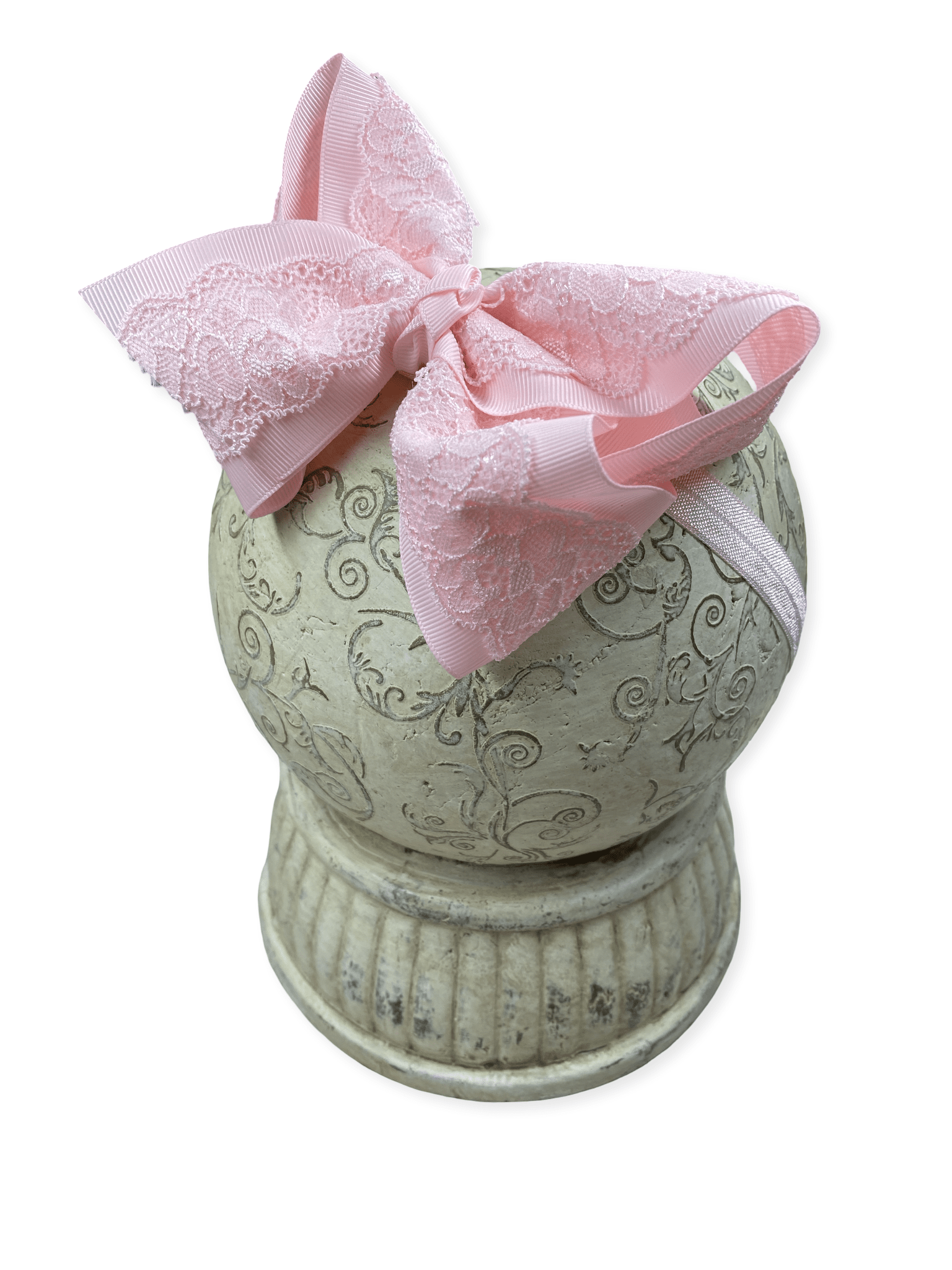 Light Pink Chantilly lace bow headband for baby girls with soft nylon band