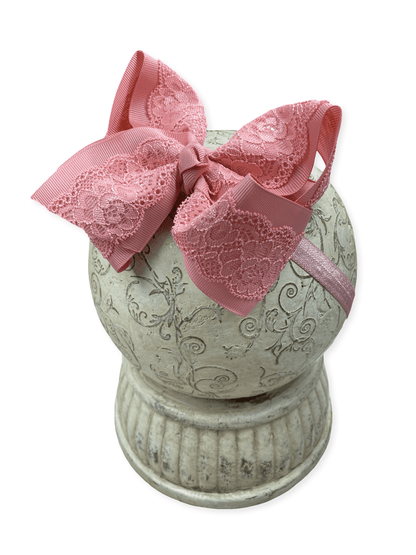 Dusty Rose Chantilly lace bow headband for baby girls with soft nylon band