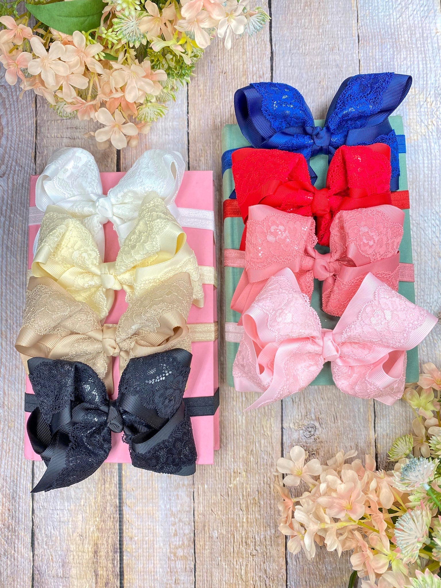 Assortment of Chantilly lace bow headbands for baby girls with soft nylon band