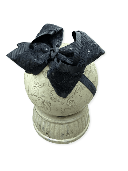 Black Chantilly lace bow headband for baby girls with soft nylon band