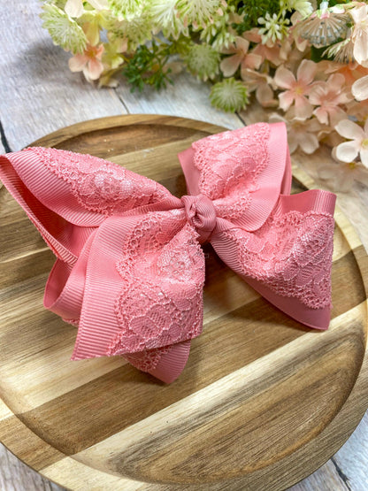  dusty rose lace bow on wood