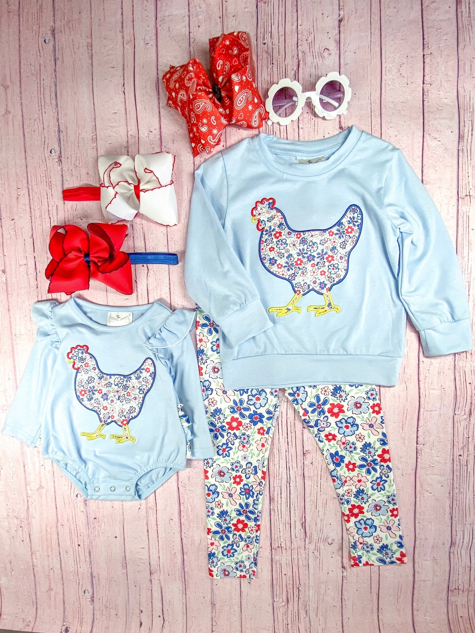 Chicken Applique & Floral Leggings Set next to matching infant onesie