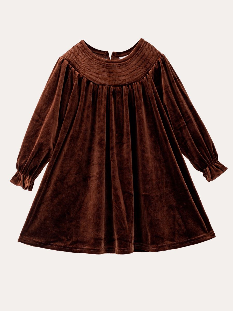 Chocolate brown velvet girls dress with smocked yoke and long ruffle-cuff sleeves — The Hair Bow Company holiday dress