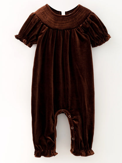 Chocolate brown velvet baby girl romper with smocked yoke and ruffle puff sleeves — The Hair Bow Company holiday outfit