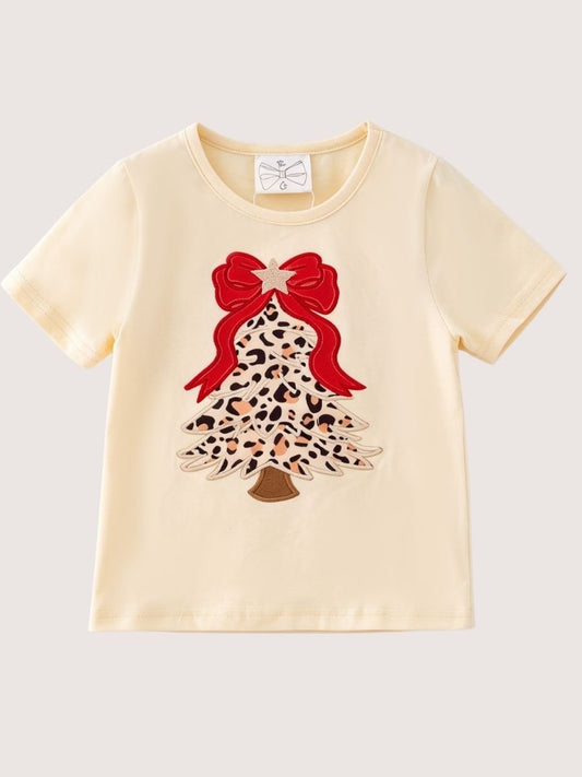 Ivory girls’ shirt with a leopard-print Christmas tree appliqué, oversized red bow and gold star