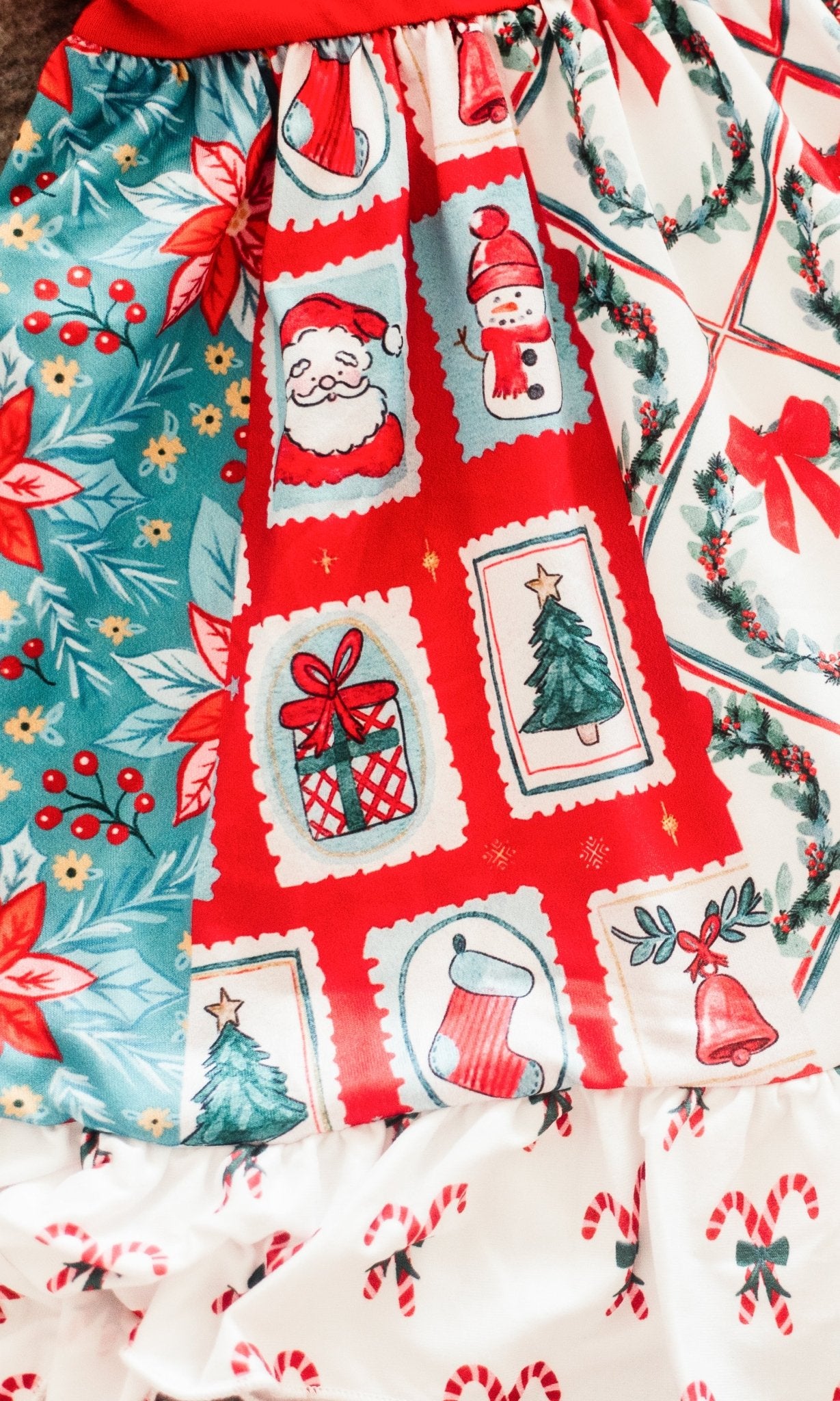 close up showing the tiered different patterns on the skirt of dress 