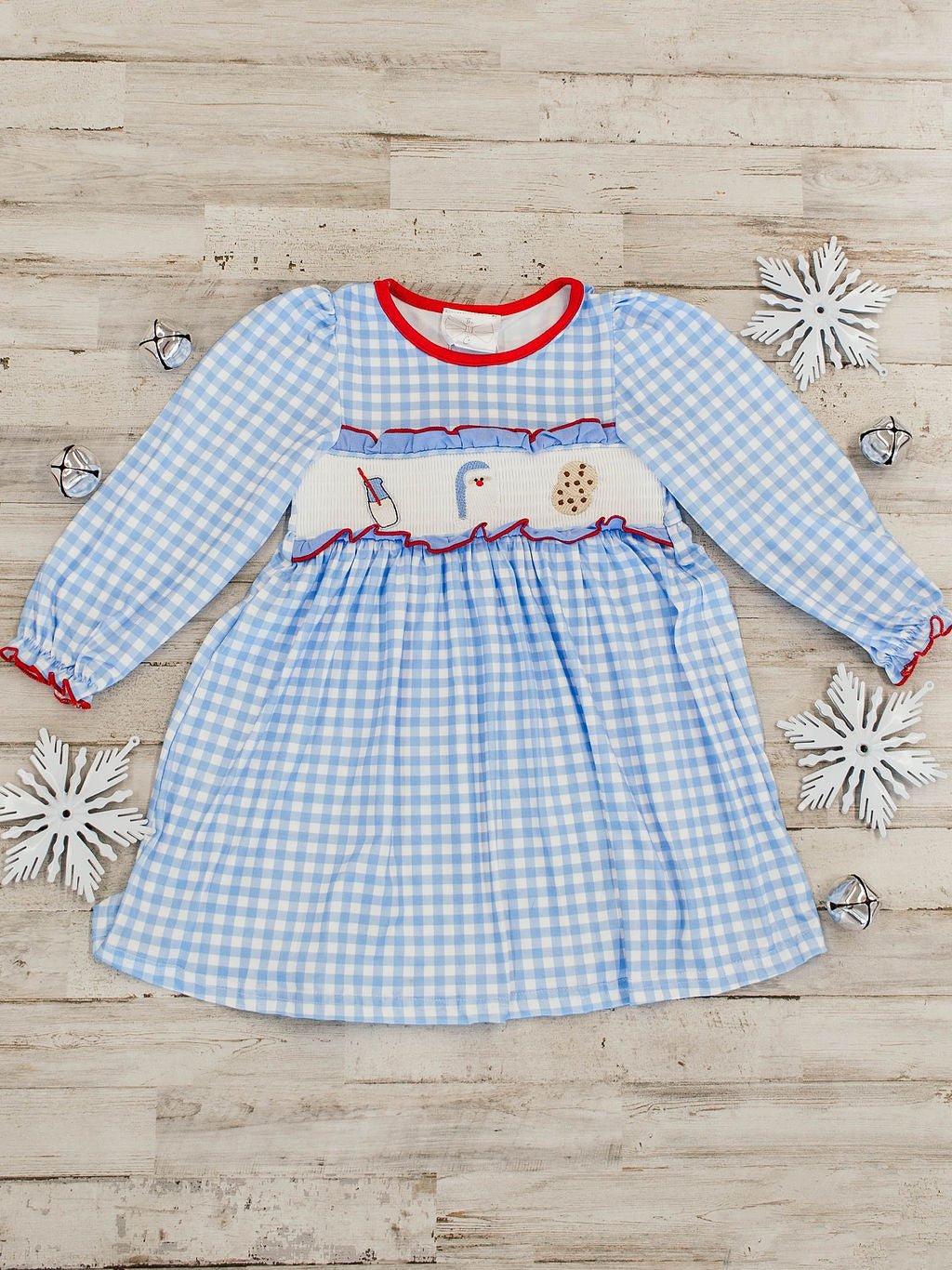 Holiday smocked dress with milk, cookies, and Santa design