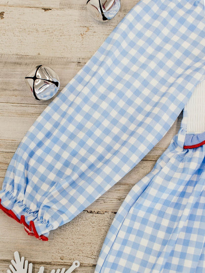 Girls Christmas dress with blue gingham print and festive smocking