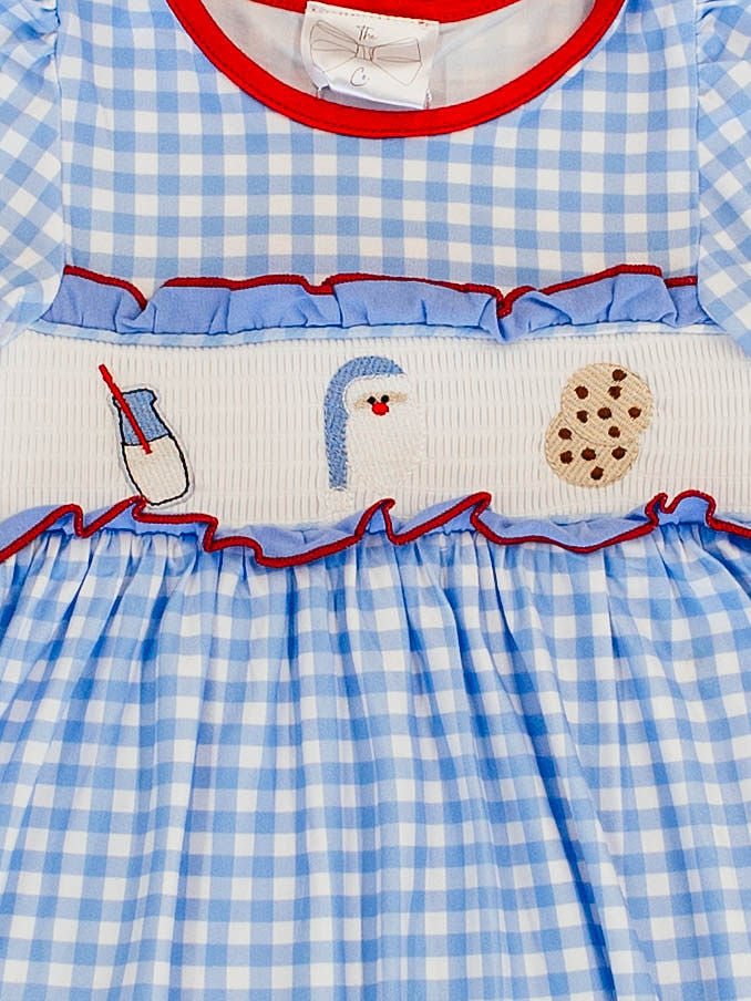 Milk and cookies smocked Christmas dress with Santa embroidery