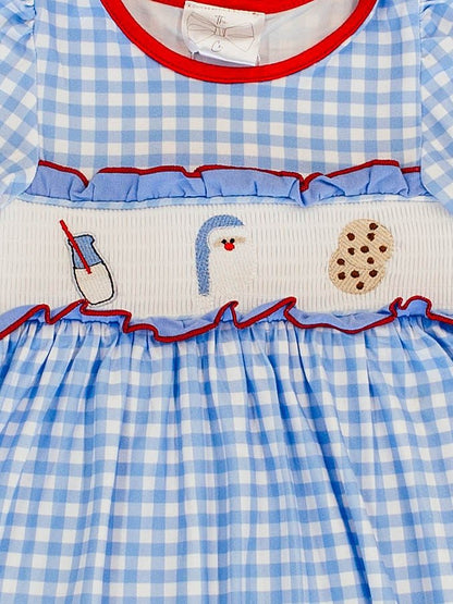 Milk and cookies smocked Christmas dress with Santa embroidery