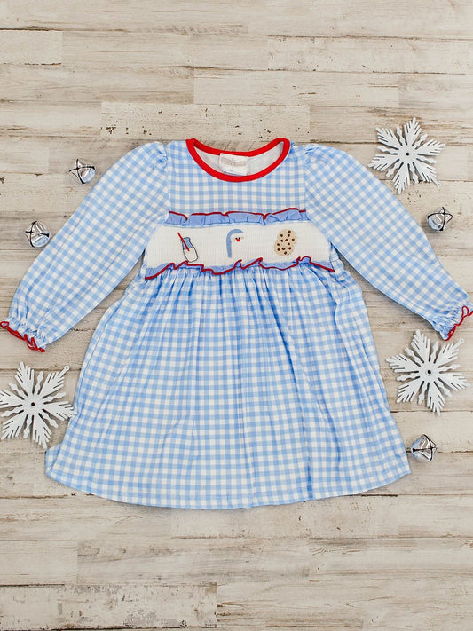 Girls blue gingham smocked Christmas dress with milk, cookies and Santa embroidery