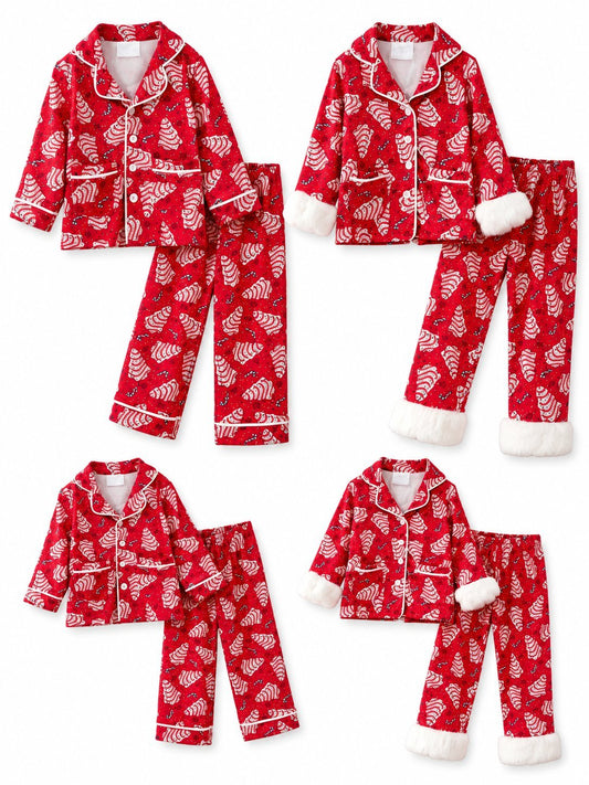 Red family matching pajama sets with Christmas tree cake print, button-front tops and coordinating pants collage of all family styles