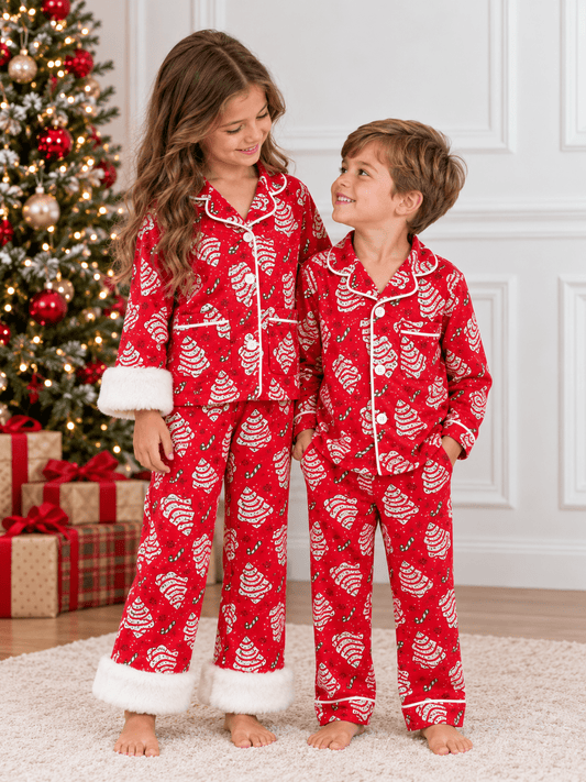 Red Christmas tree cake matching pajama sets with white piping and fluffy white cuff and hem trim