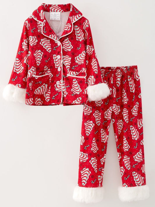 Red Christmas tree cake matching pajama sets with white piping and fluffy white cuff and hem trim - Alternative view