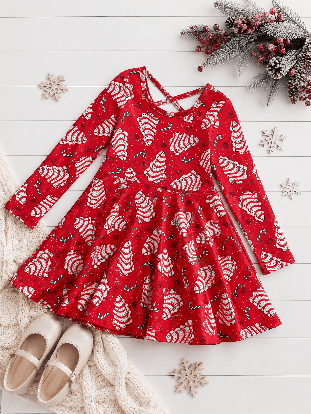 Christmas tree cake twirl dress on festive background