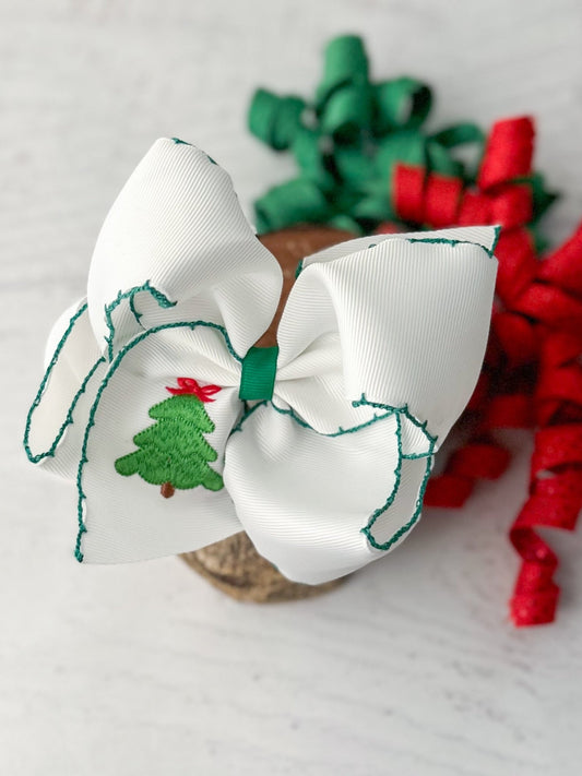 Christmas tree embroidered hair bow on alligator clip