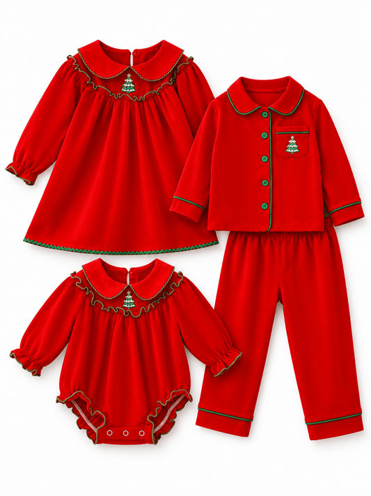 Red Christmas tree embroidered sibling pajamas with a girls’ nightgown, baby romper, and two-piece set.