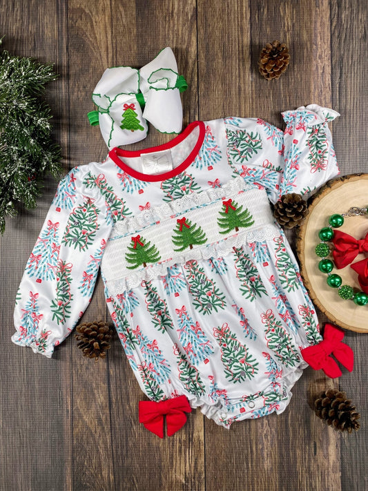 Infant romper with embroidered Christmas trees and festive holiday print
