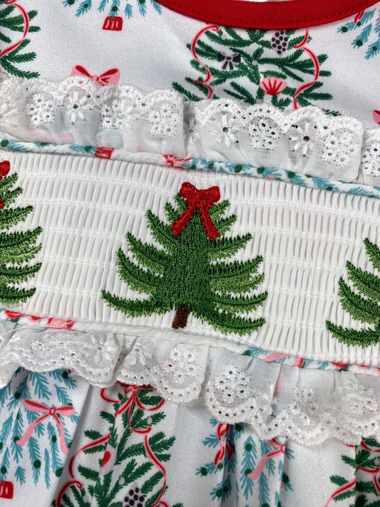Baby Christmas outfit romper with smocked detail and red bows - Alternative view