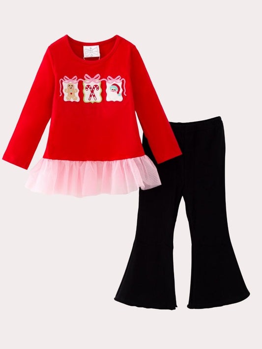 Girls red Christmas top with holiday appliques and black bell bottom pants
