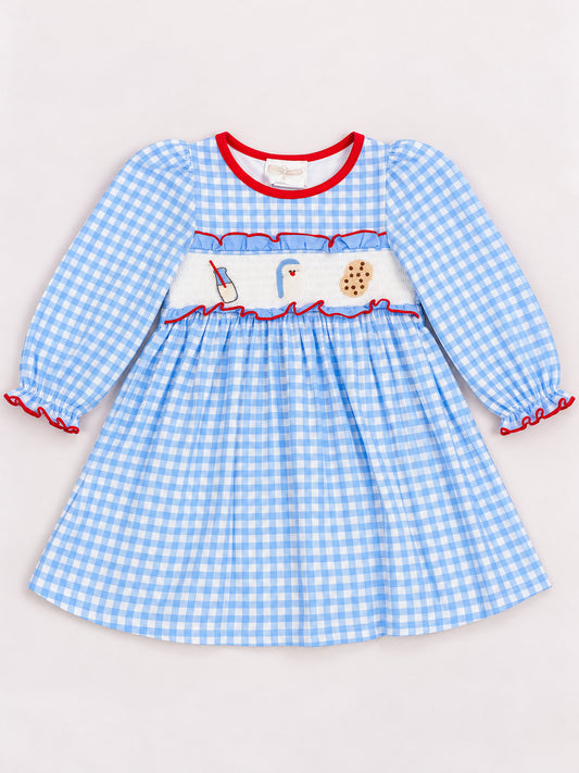 Christmas milk and cookies smocked dress on white background