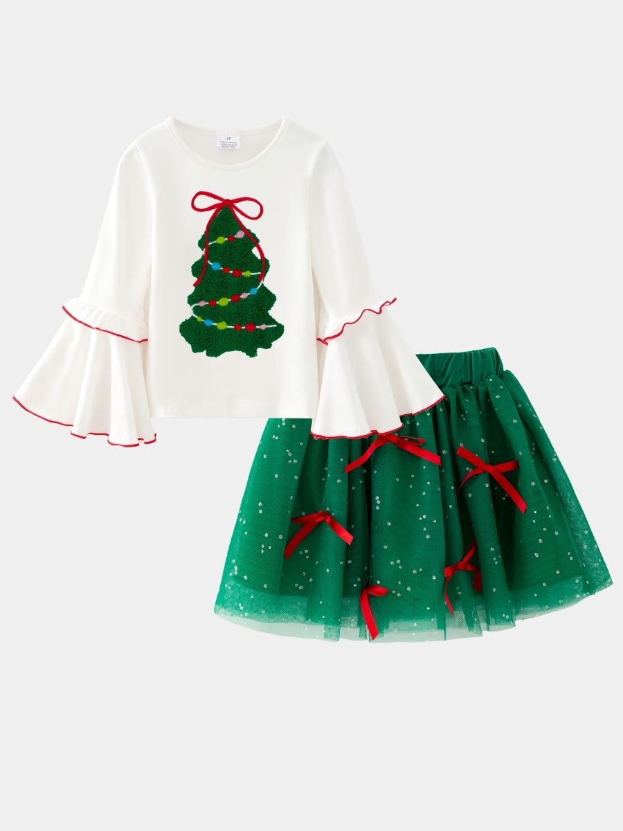 Girls Christmas tree top with green sparkle tutu skirt